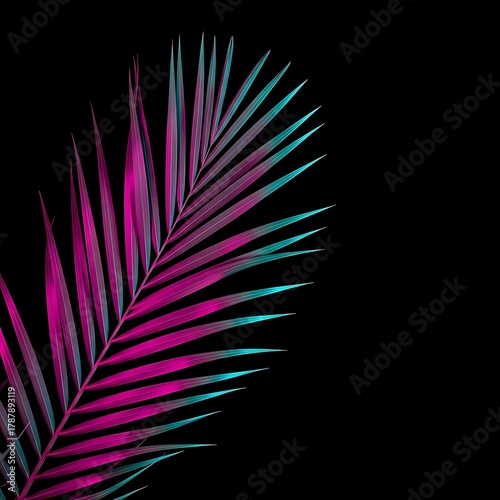 Tropical palm leaf illuminated in vibrant, futuristic neon pink and blue lights against a stark black background