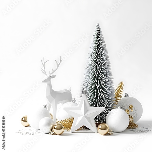 Elegant white and gold Christmas decoration composition with a reindeer, star, and fir tree on a white background