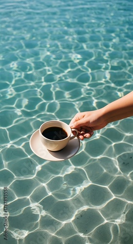 Coffee Cup Floating on Crystal Clear Waters, Summer Refreshment, Refreshing Drink
