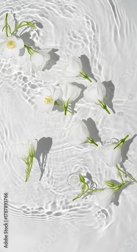 Delicate white flowers floating on rippling water surface, serene and tranquil aesthetic