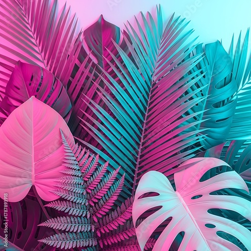 Tropical Leaves Under Neon Light