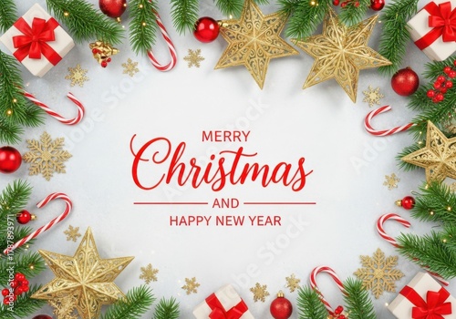 Merry christmas and happy new year festive background isolated on white background, with gifts and decorations