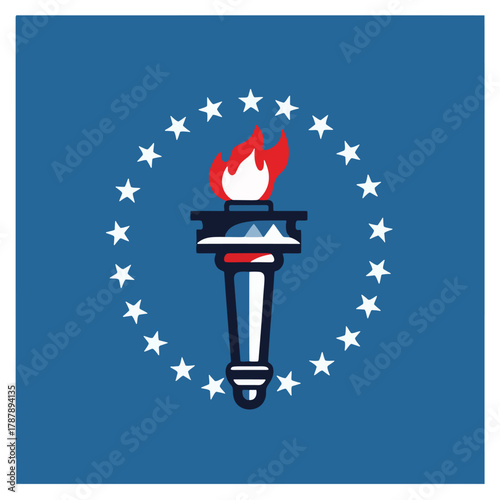 Illustration of a torch with a flame surrounded by a circle of stars against a blue background, symbolizing freedom and ambition
