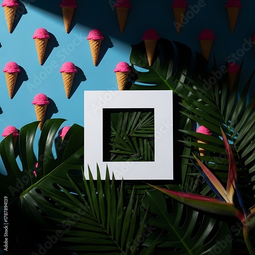 Summer Refreshment Ice Cream Cones and Tropical Foliage Composition