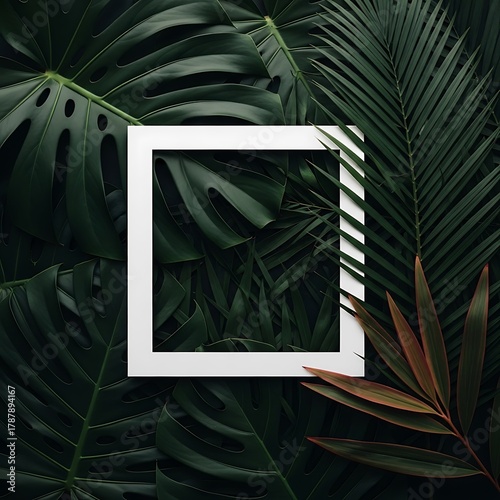 Elegant white frame against a backdrop of deep green tropical leaves, creating a serene and natural display space for text or product focus