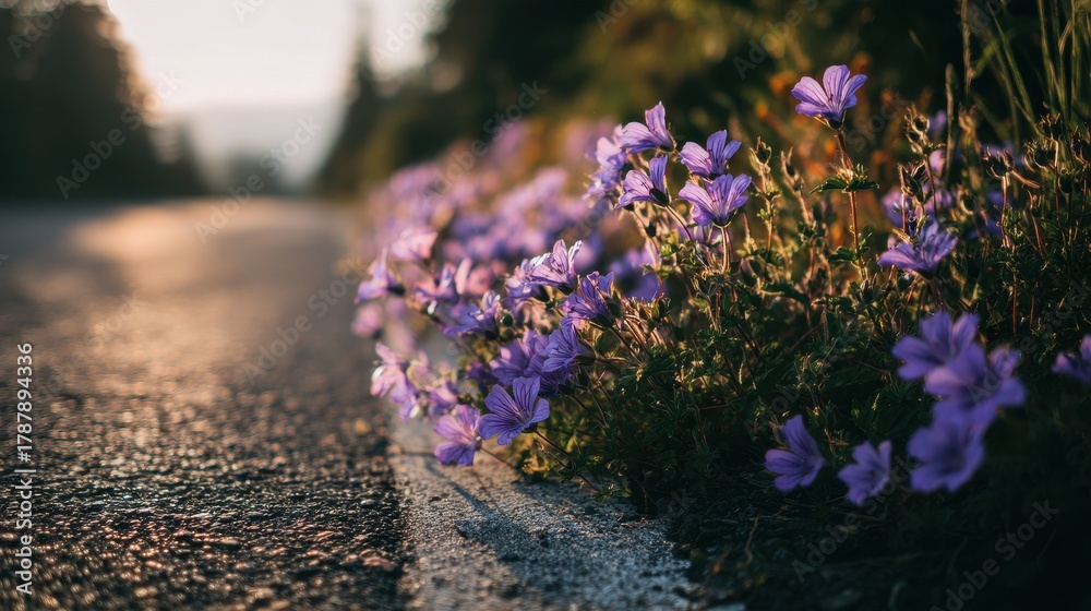 Obraz premium Macro shot of morning blooming purple flowers by the roadside