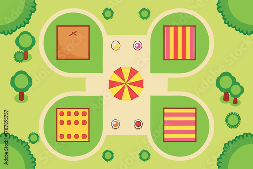 Top view of a playground with trees, seats and a sun umbrella