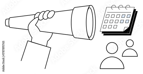 Hand holding telescope symbolizing vision, calendar representing scheduling, alongside two-person icons. Ideal for future focus, planning, teamwork, organization, strategy development, scheduling