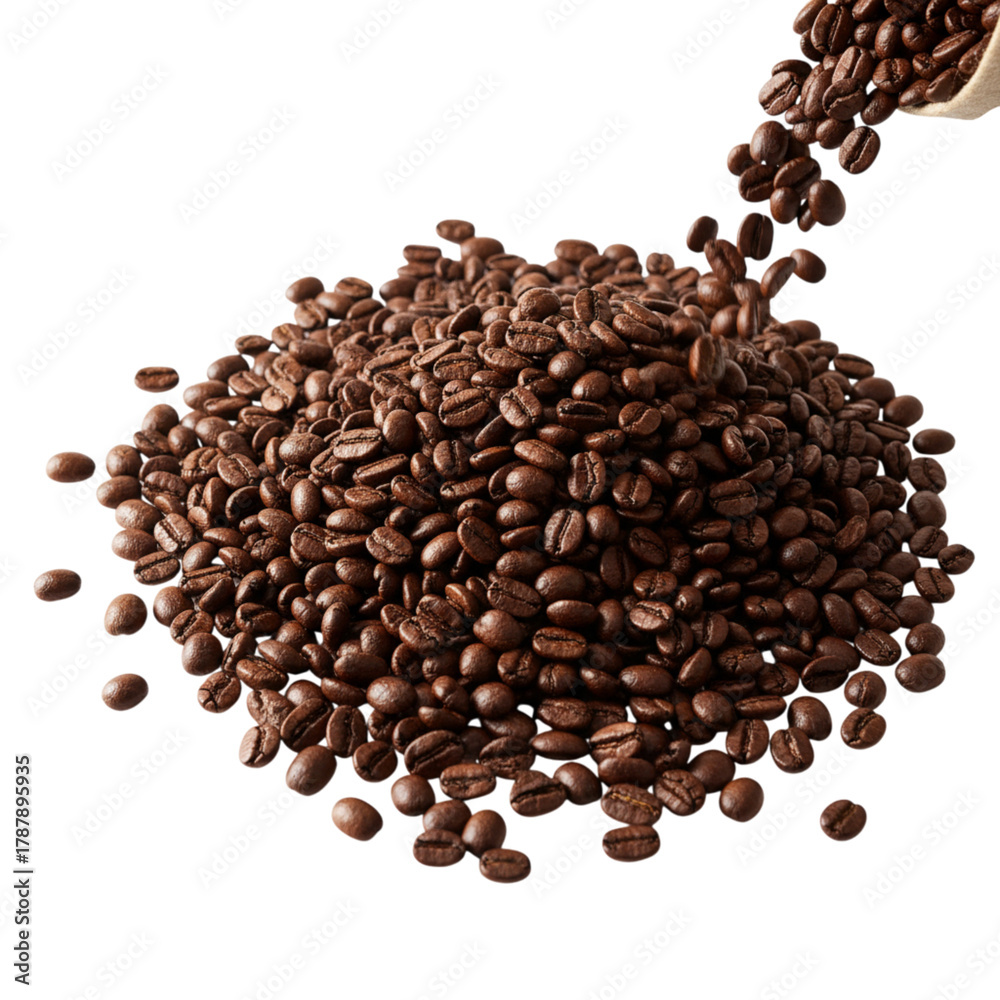 Obraz premium Dark Roasted Coffee Beans Pouring and Piled in a Heap Isolated on White Background