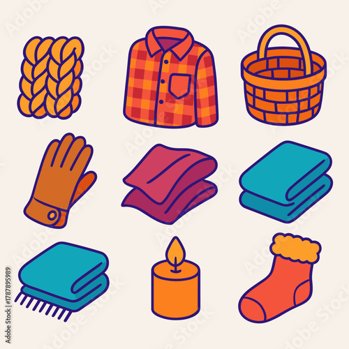 Cozy Fabric Icons. Cozy Fabric Layers modern flat icon set: chunky knit, flannel shirt, woven basket, suede glove, wool throw, fabric folds, candlelight, fuzzy sock.