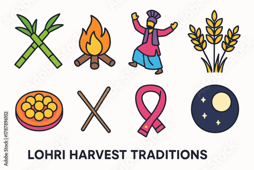 Lohri Festive Icons. Lohri Harvest Traditions modern flat icon set: sugarcane sticks, fire pit, bhangra dancer, wheat bundle, festive platter, drumsticks, scarf, moonlight.