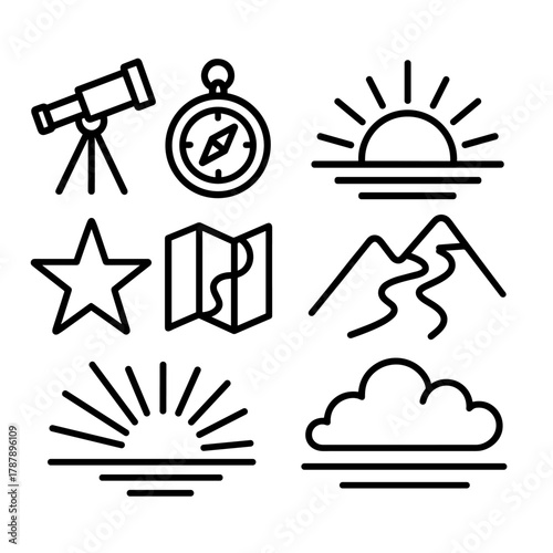 Celestial Guidance Icons. Future Vision outline icon set: telescope, compass, rising sun, mountain path, star, map, light rays, cloud horizon.