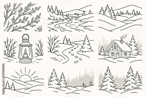 Winter Wonderland Outlines. Silent Winter Landscape outline icon set: frosted branches, icy river, snowy hills, lantern light, footprints, distant cabin, sunrise, misty forest.