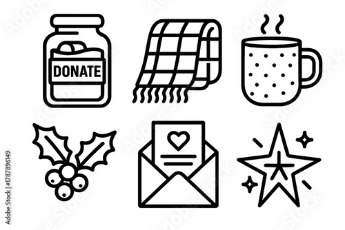 Festive Donation Icons. Festive Compassion outline icon set: donation jar, wool blanket, hot cocoa mug, holly sprig, letter card, shining star.
