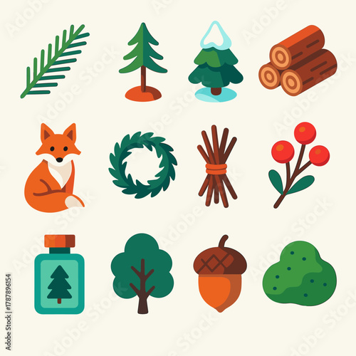 Evergreen Magic Icons. Evergreen Magic modern flat icon set: fir branch, pine sapling, snow covered pine, log pile, woodland fox, evergreen crown, twig bundle, winter berries,