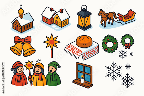 Orthodox Christmas Icons. Orthodox Christmas Village Celebration modern flat icon set: wooden church, snow-covered cottages, glowing lanterns, horse sleigh, traditional bells,