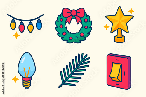 Festive Icon Set. Holiday Radiance modern flat icon set: twinkling garland, glowing wreath, star topper, frosted bulb, pine branch, light switch.