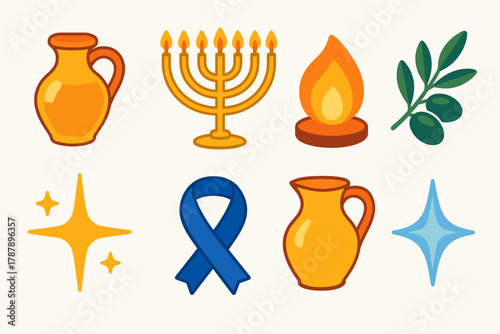 Ancient Symbols Icons Set. Ancient Miracle Symbol modern flat icon set: olive oil jar, menorah candle, glowing flame, olive branch, starlight, blue ribbon, jug, reflection.