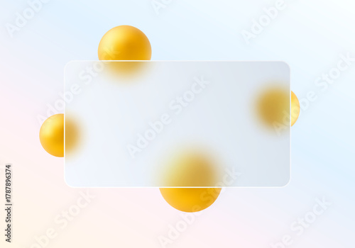 Minimal glass panel in frosted white with golden yellow spheres on a light  gradient background