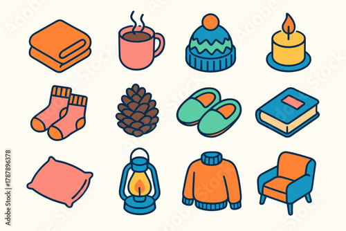 Winter Comfort Icons. Winter Everyday Comfort modern flat icon set: cozy blanket, steaming mug, wool hat, candlelight, fluffy socks, pinecone, slippers, book, pillow, lantern glow,
