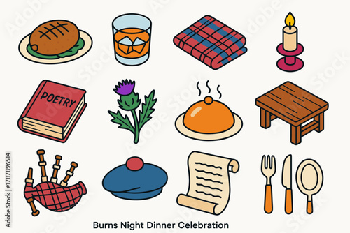 Burns Night Icons. Burns Night Dinner Celebration modern flat icon set: haggis platter, whisky tumbler, tartan napkin, candlelight, poetry book, thistle sprig, steaming dish,