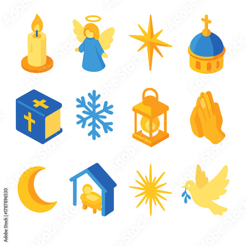 Holy Radiance Icons. Holy Radiance Night modern flat icon set: flickering candle, angel silhouette, shining star, church dome, holy scripture, gentle snowflake, warm lantern,