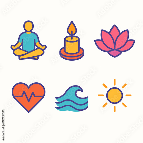 Inner Calm Icons. Inner Calm modern flat icon set: meditation pose, candle flame, lotus flower, heart pulse, gentle wave, soft light.