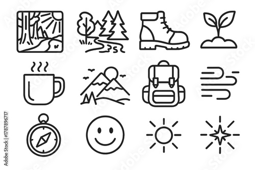 Rejuvenation Journey Icons. Rejuvenation Journey outline icon set: forest path, sunlight through trees, stream, hiking boots, sprout, warm drink, mountain view, backpack, fresh air
