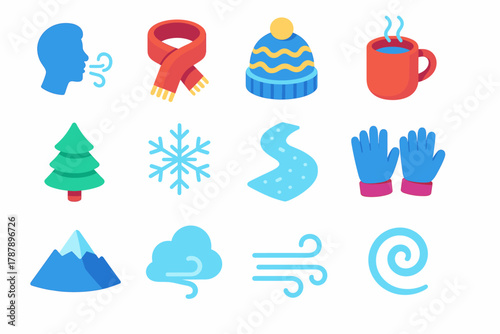 Winter Icons Collection. Winter Breath in the Cold Air modern flat icon set: frosty exhale, scarf wrap, wool cap, steaming mug, pine tree, snowflake, frozen path, gloves, mountain