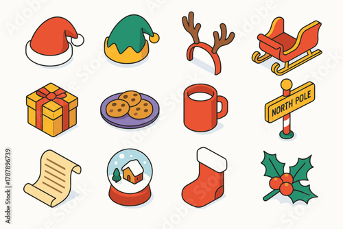 Festive Icon Set. Santa Claus & Helpers modern flat icon set: Santa hat, elf hat, reindeer antlers, sleigh, gift box, cookie plate, mug of milk, North Pole sign, list scroll, snow