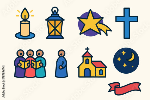 Iconos de Las Posadas. Las Posadas Candle Procession modern flat icon set: glowing candle, lantern, star, cross, singing figures, church, night sky, ribbon.