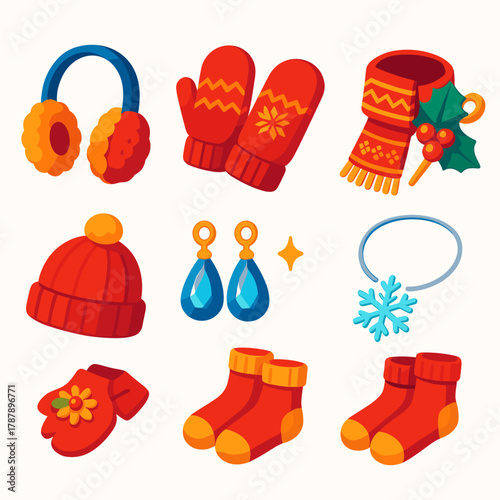 Winter Accessory Icons. Winter Festive Accessories modern flat icon set: fluffy earmuffs, knitted mittens, patterned scarf, festive brooch, red hat, gemstone earrings, snowflake