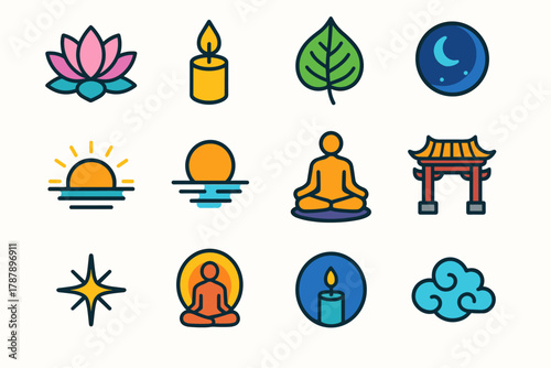 Sacred Lotus Icons. Sacred Lotus Imagery modern flat icon set: lotus blossom, candlelight, Bodhi leaf, sunrise horizon, reflection on water, meditation pose, moonlight, aura ring,