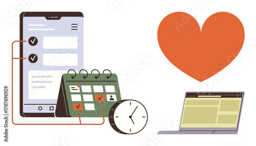 Smartphone with task manager, calendar, clock, laptop, and heart symbol representing productivity, time management, digital tools, personal organization, technology integration scheduling