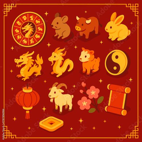 Chinese Zodiac Wheel. Chinese New Year Zodiac Wheel modern flat icon set: circular zodiac chart, twelve animal icons, dragon centerpiece, golden symbols, yin-yang emblem, festive