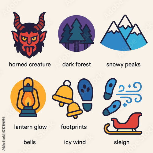 Modern Krampus Icons. Alpine Krampus Myth modern flat icon set: horned creature, dark forest, snowy peaks, lantern glow, bells, footprints, icy wind, sleigh.