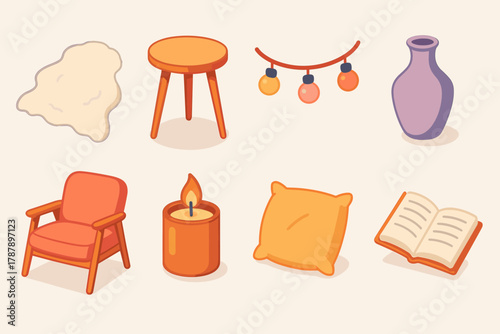 Cozy Home Icons. Cozy Home Decor modern flat icon set: sheepskin rug, side table, string lights, ceramic vase, cozy chair, aroma candle, throw pillow, open book.