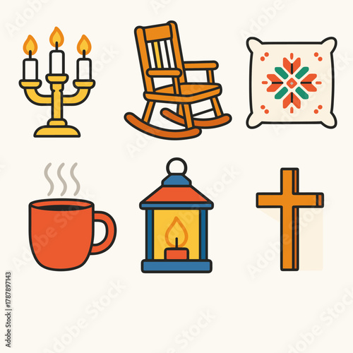 Orthodox New Year Icons. Orthodox New Year Peaceful Home modern flat icon set: candle stand, rocking chair, embroidered pillow, cross on wall, steaming mug, lantern.