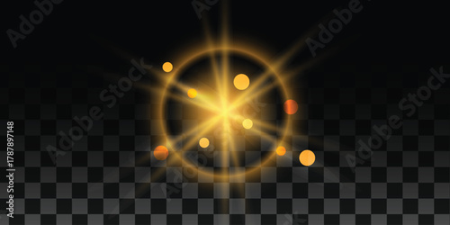 Bright star glare  gold star. Light flare effect.Bright gold laser light beams create a glowing starburst effect against a dark background, Glow light effect, Starburst with sparkles.