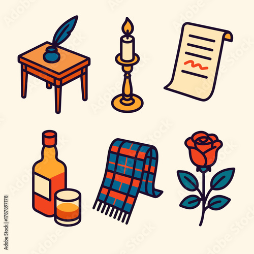 Burns Night Icons. Burns Night Verse Celebration modern flat icon set: poet’s desk, candlelight, script paper, whisky bottle, tartan scarf, rose.