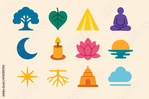 Enlightenment Icons Collection. Tree of Enlightenment modern flat icon set: Bodhi tree silhouette, heart-shaped leaf, light beam, meditating form, moon, candle, lotus petals,