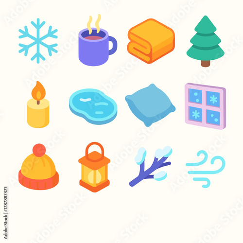 Cozy Winter Icons. Peaceful Chill modern flat icon set: snowflake, steaming mug, wool blanket, pine tree, candle flame, frozen lake, soft pillow, frosty window, cozy hat, glowing