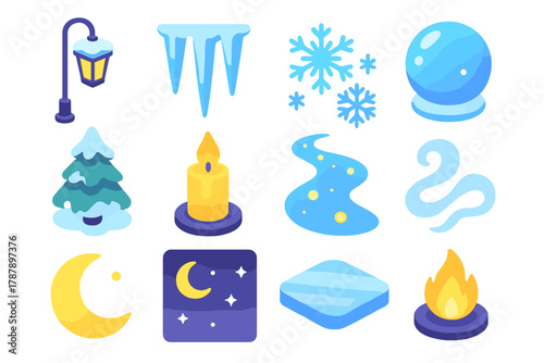 Snowy Icon Collection. Snowy Radiance modern flat icon set: streetlamp, icicles, snowflakes, glass orb, frosted pine, candle, glowing path, mist trail, moon, night sky, ice