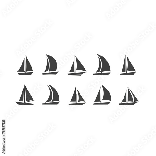 Sailboat icons vector set, collection of various nautical maritime boat symbols, different designs.