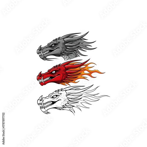 Three powerful mythical dragon heads in various styles, majestic fantasy creatures, fierce and formidable design elements