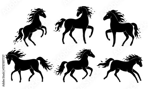 Silhouetted horses in motion showcasing trotting and prancing styles in different poses against a simple, light background