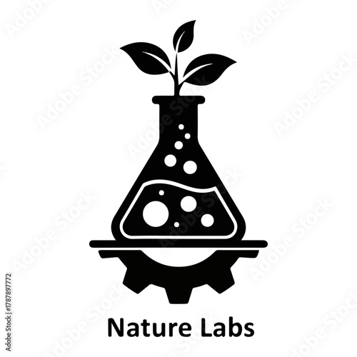 Vibrant plant growing from laboratory flask with bubbling liquid, supported by industrial gear design