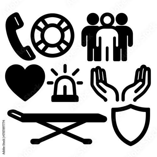Rescue Icons Collection. Rescue Awareness bold vector icon set: emergency phone, life ring, rescue team icon, open hands, heart of care, beacon light, stretcher, shield of safety.