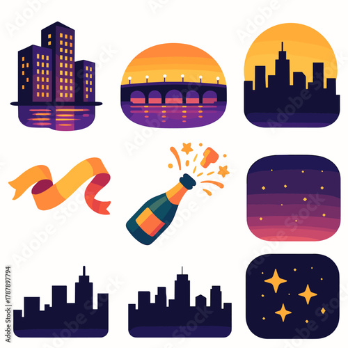 Urban Midnight Glow. Urban Midnight Glow modern flat icon set: illuminated buildings, river reflection, bridge lights, golden sky, celebration ribbon, champagne pop, skyline