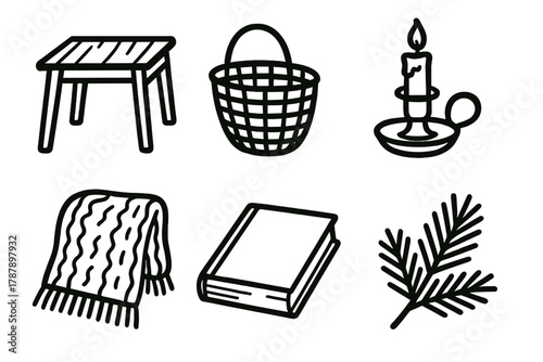 Country Home Icons. Country Home Details outline icon set: wooden table, basket, candle holder, knit throw, book, pine branch.